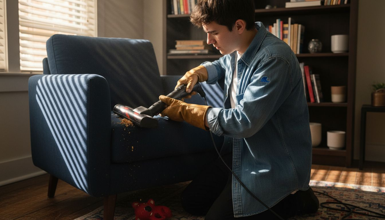 Vacuuming armchair seams with brush attachment