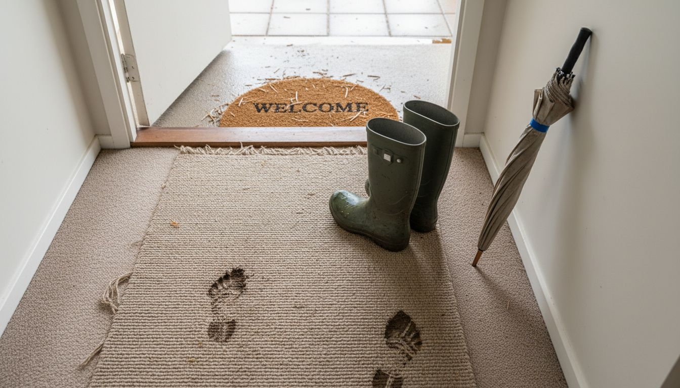 Muddy footprints on carpet near entryway