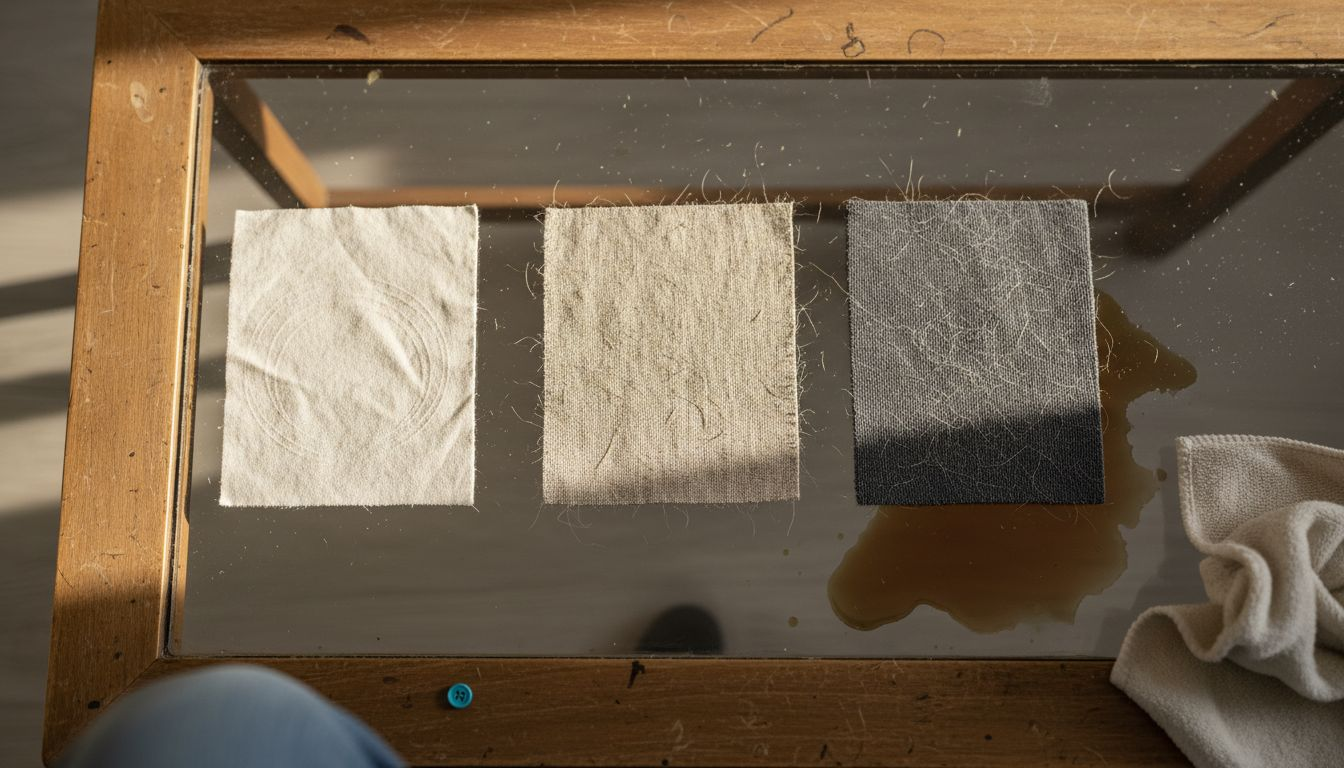 Closeup of different upholstery fabrics and stains