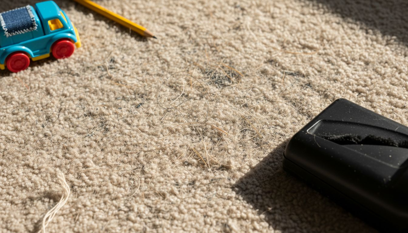Close-up of dirty carpet fibers and debris