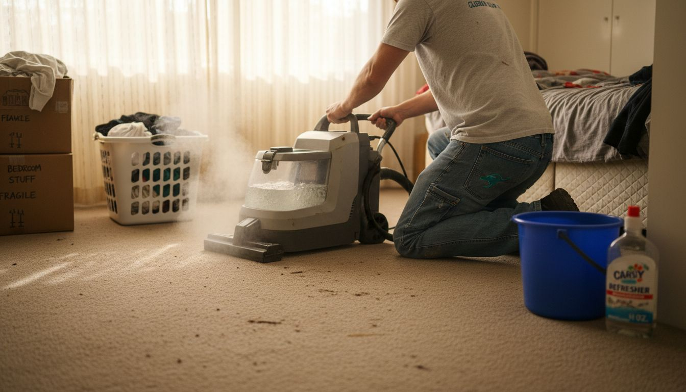 Cleaner steam cleaning carpet in bedroom