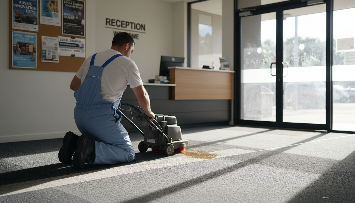 Carpet cleaning in office lobby closeup action