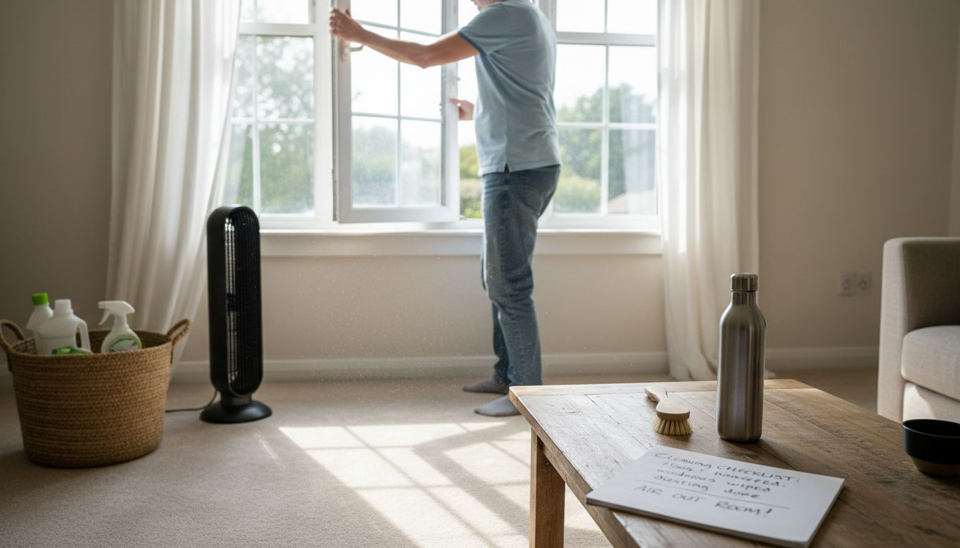 Person ventilating room for carpet drying