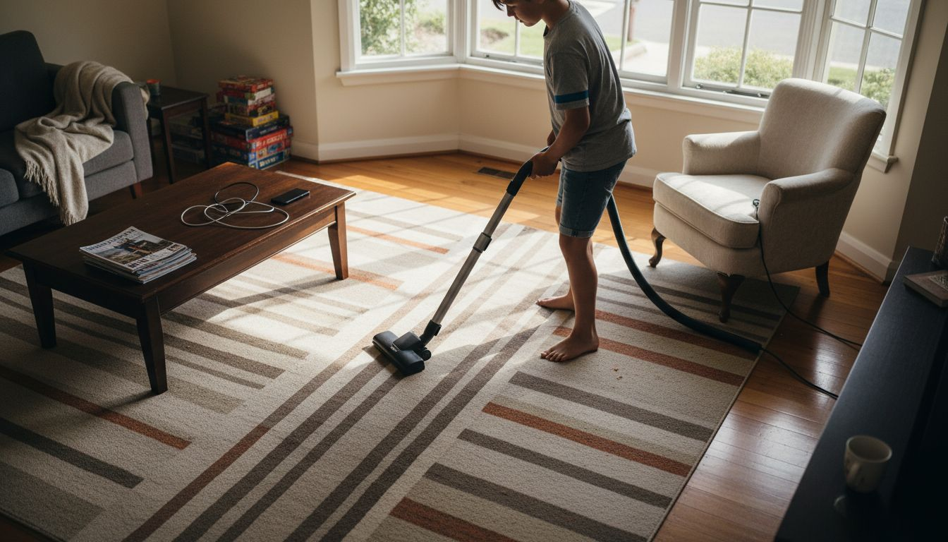Teen vacuuming carpet before cleaning steps