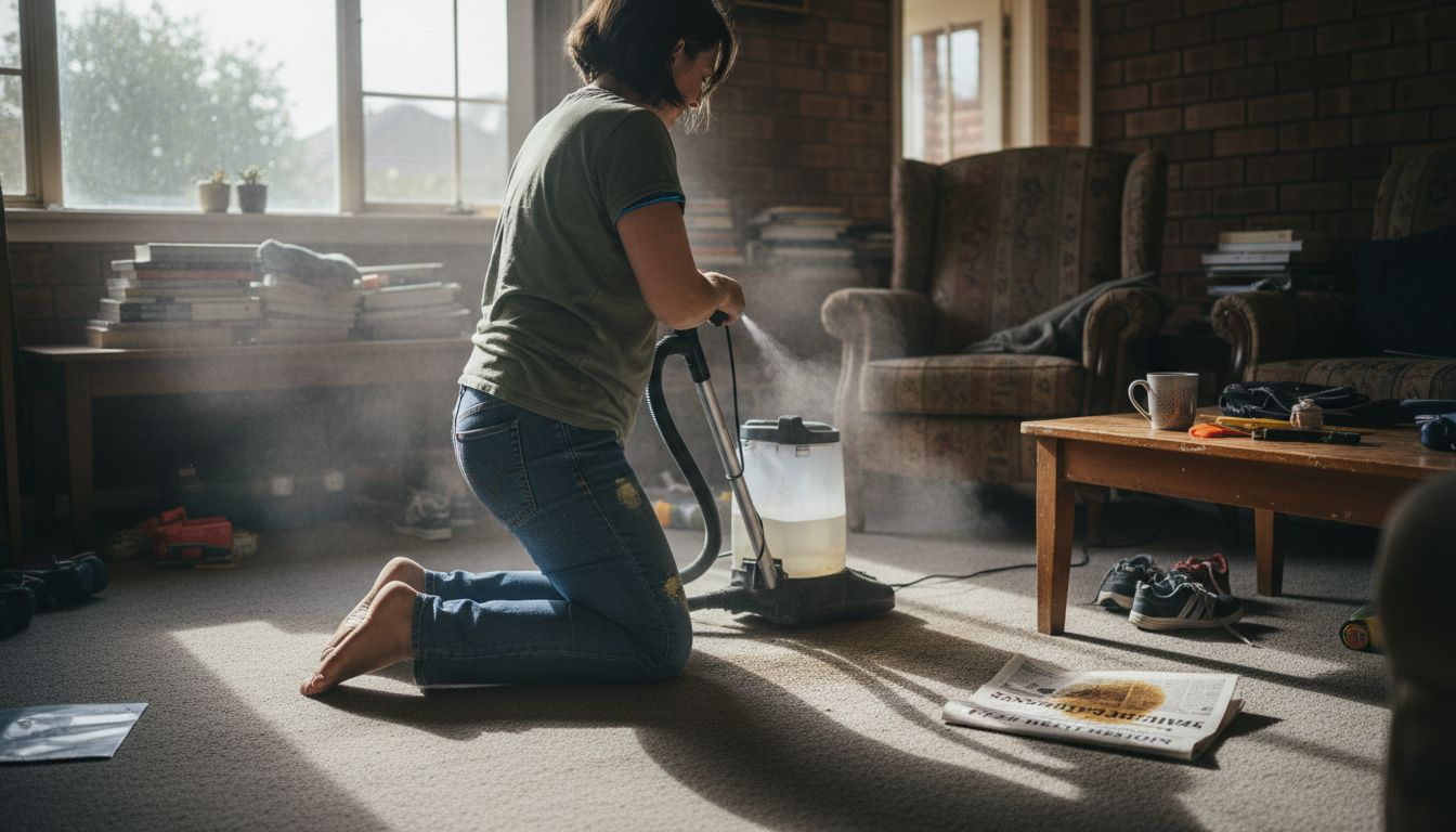 Home steam cleaning carpet scene