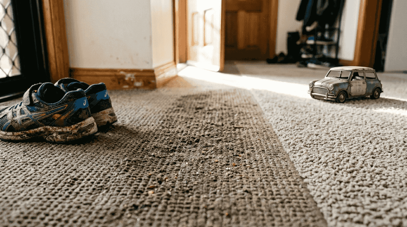 Closeup of worn vs clean carpet fibers