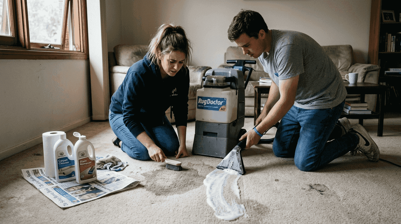 Couple struggling with DIY carpet cleaner