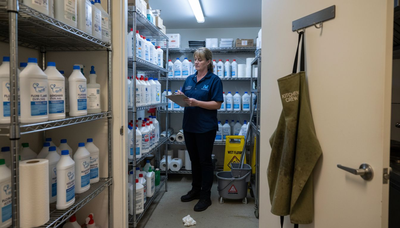 Manager inspecting cleaning chemical supply closet
