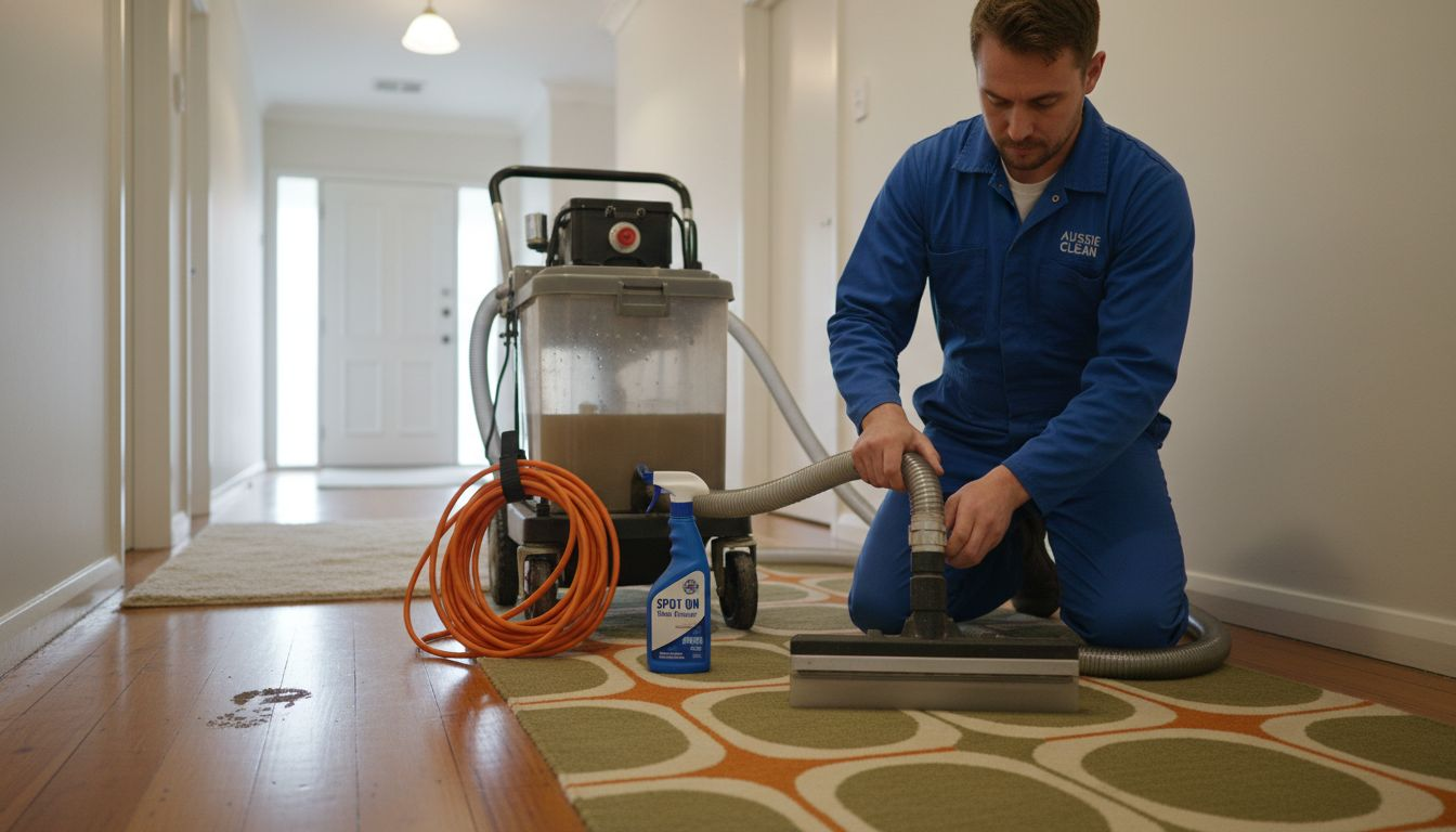 Carpet cleaner using powerful machine on hallway carpet