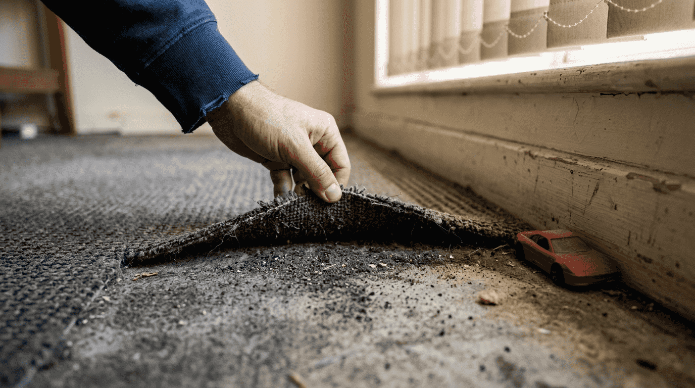 Closeup of hand lifting dirty carpet corner