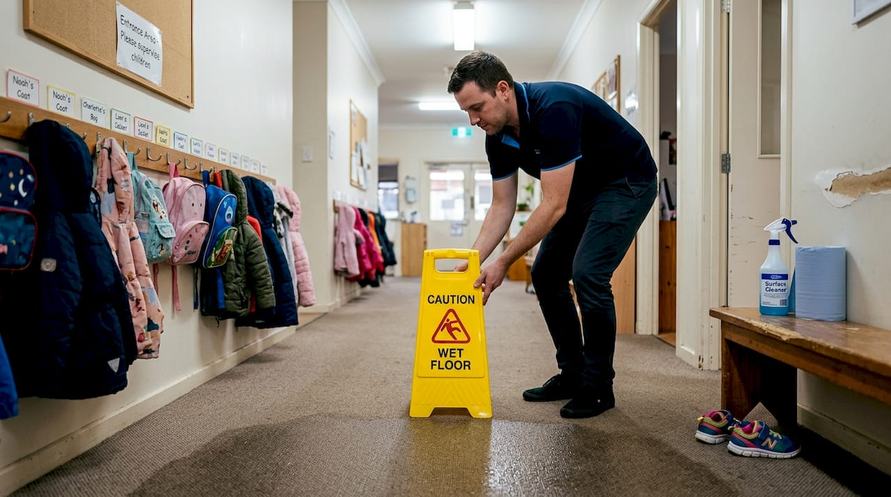Staff marks wet area on childcare centre carpet