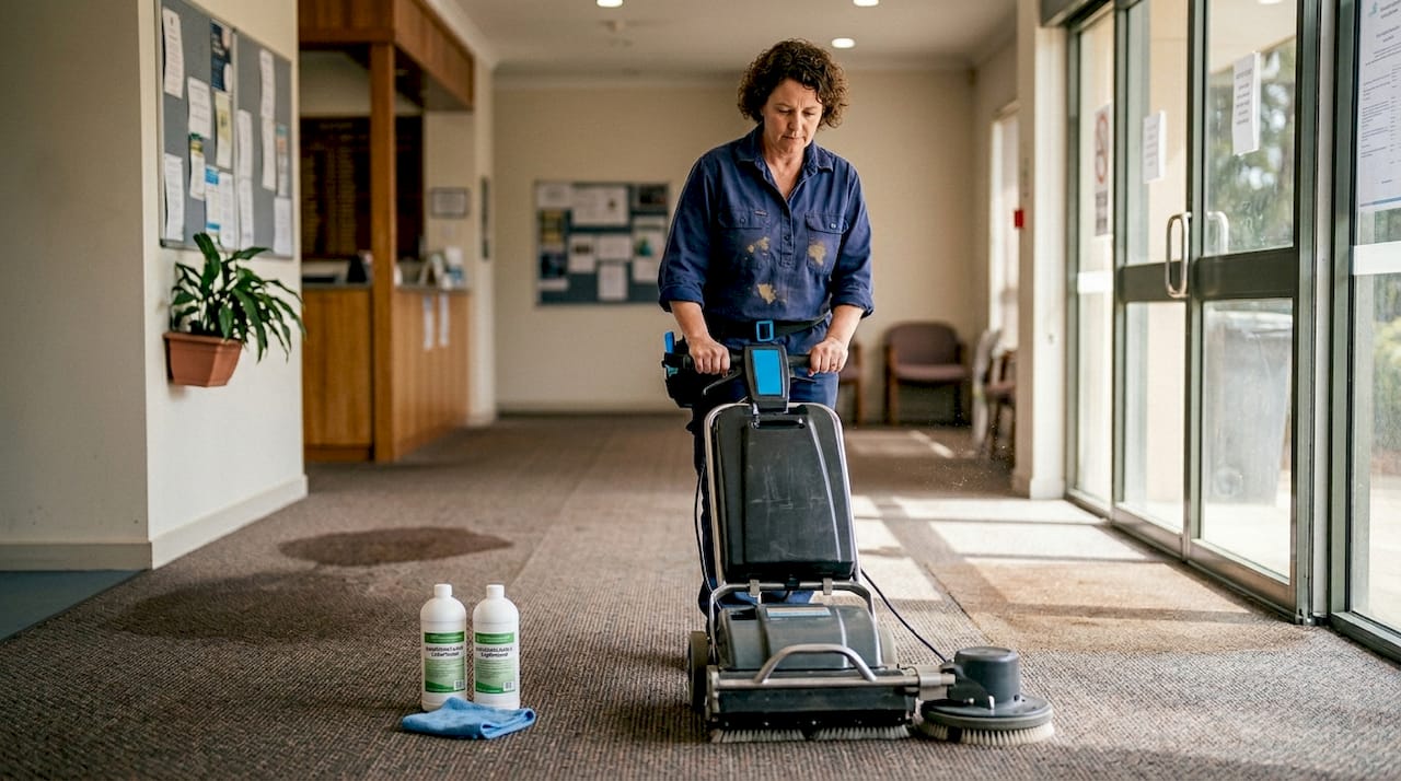 Low-moisture carpet cleaning in community center