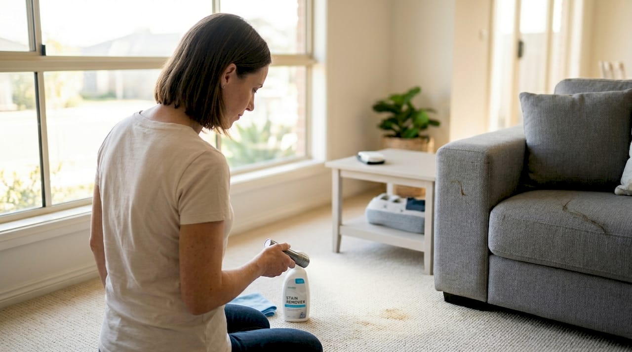 Homeowner inspecting stained carpet under bright light