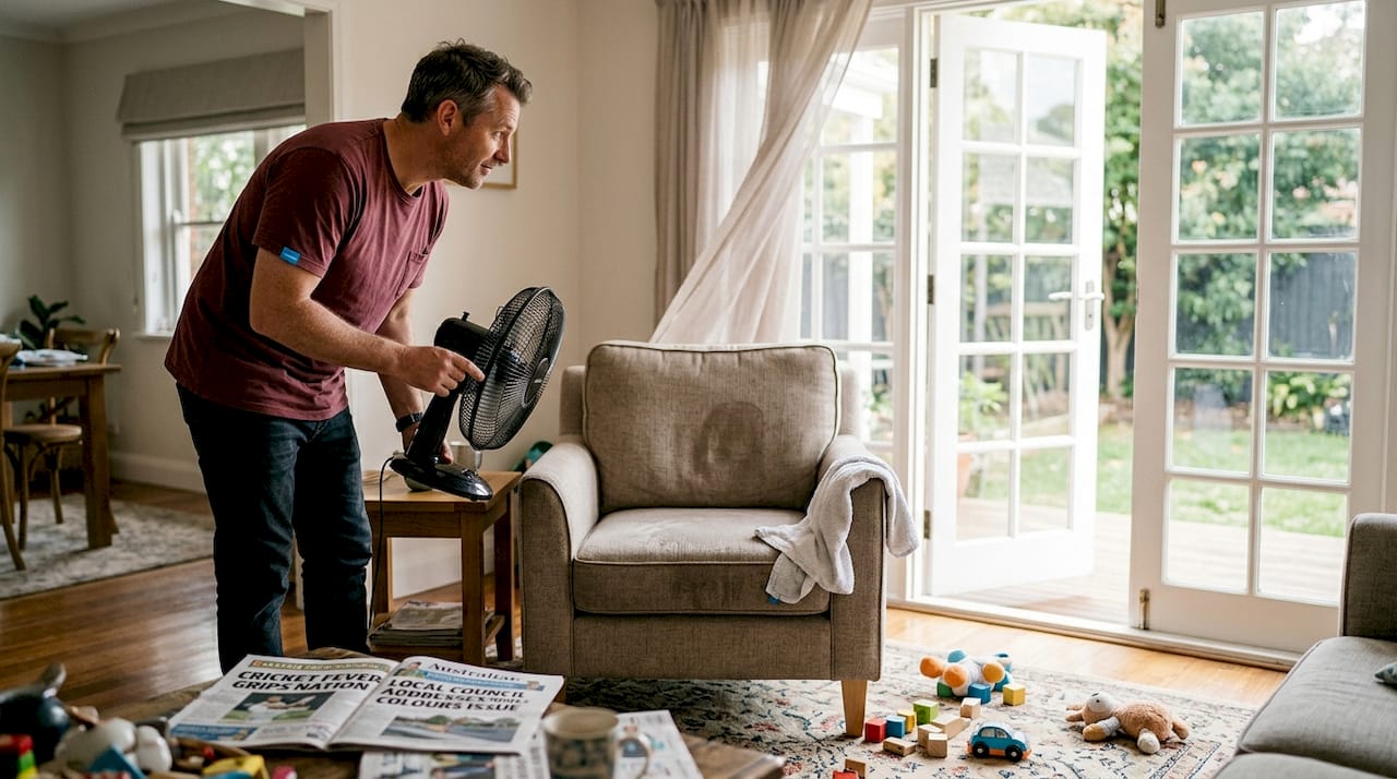 Man drying cleaned armchair using fan