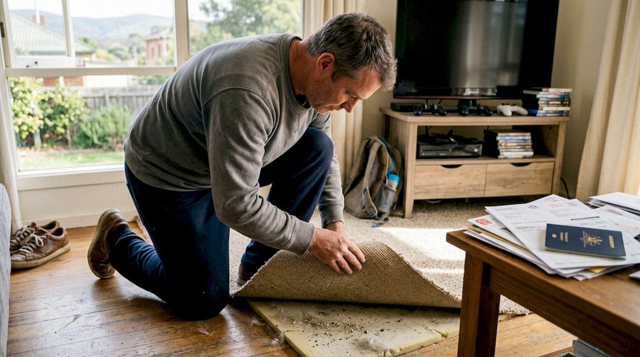 Man inspecting under carpet for hidden dirt