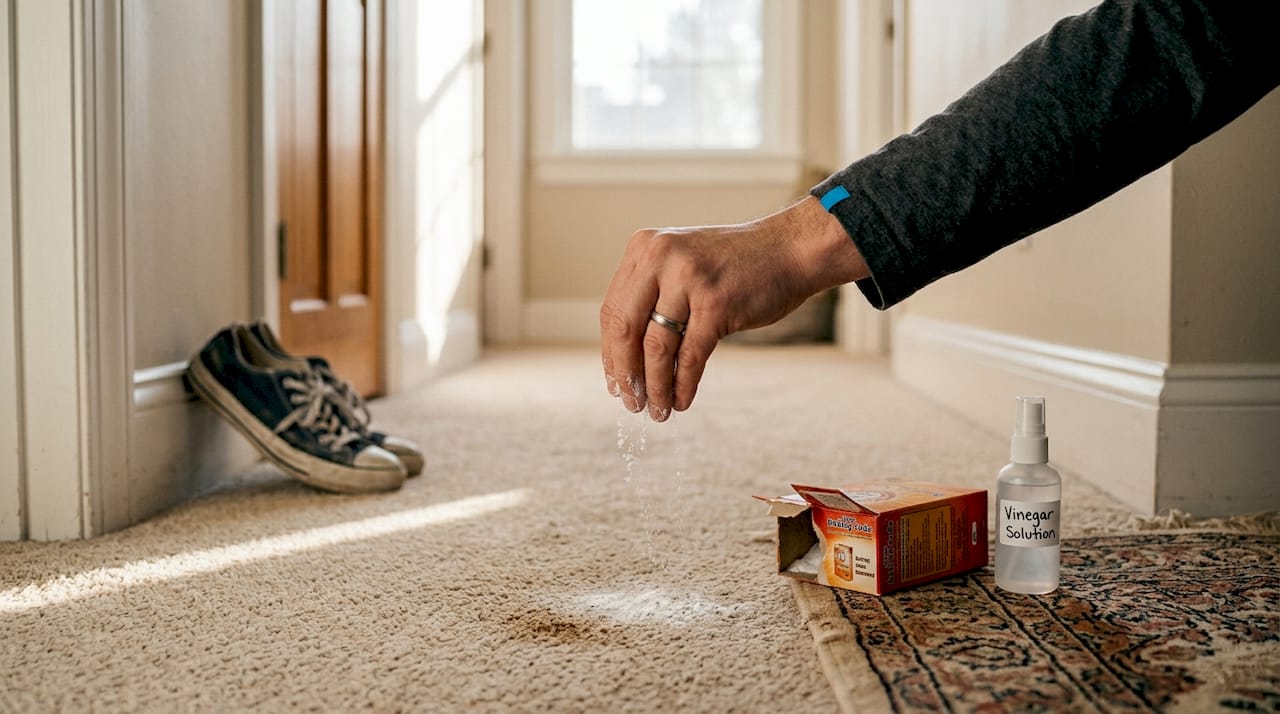 Hand using baking soda and vinegar on carpet
