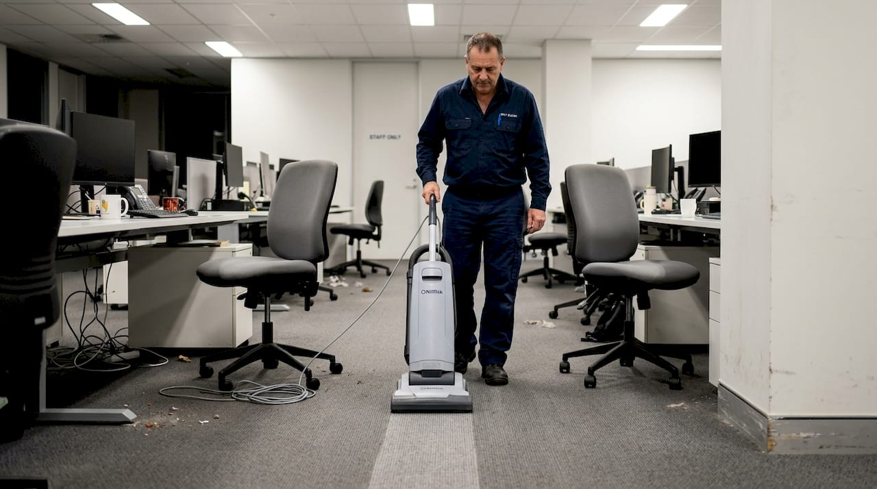 Janitor vacuuming office carpet, debris remains in corners