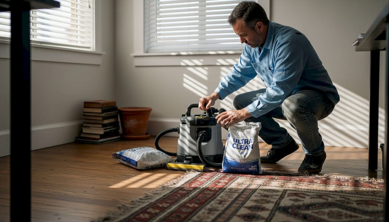 Technician prepares carpet cleaning equipment