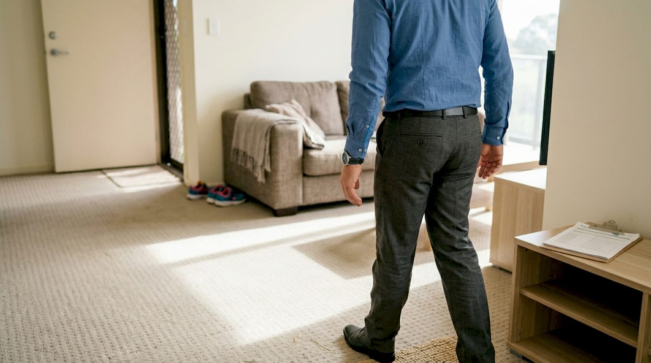 Manager inspecting carpet in rental apartment