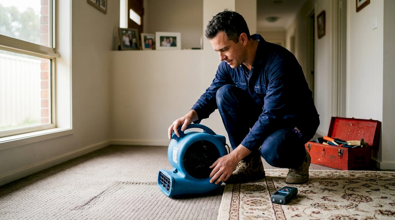 Technician sets up equipment to dry carpet