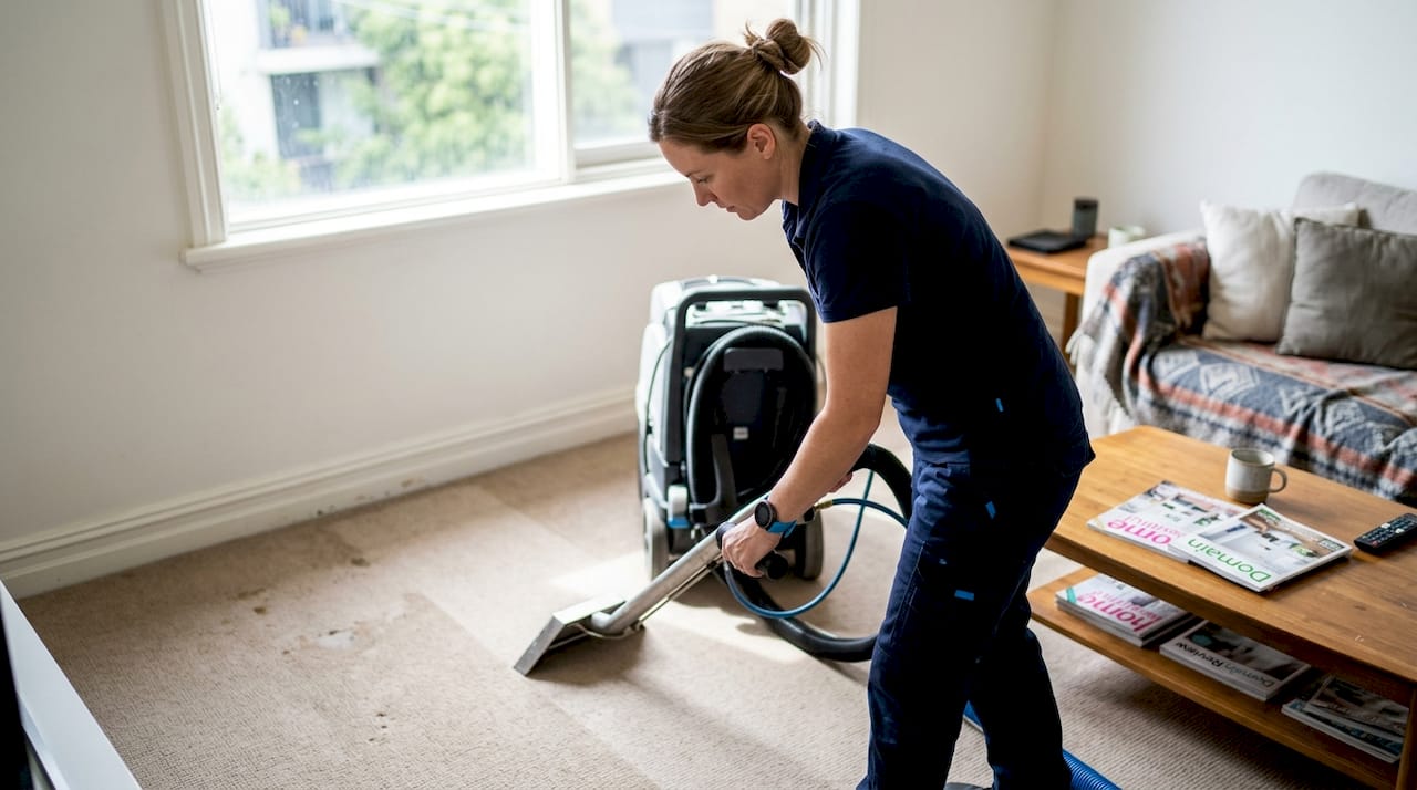 Technician cleaning living room carpet in rental