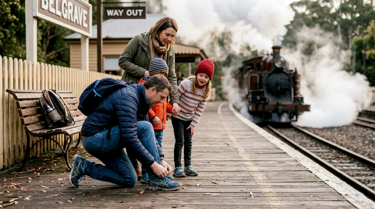 Family waiting at Puffing Billy Railway platform