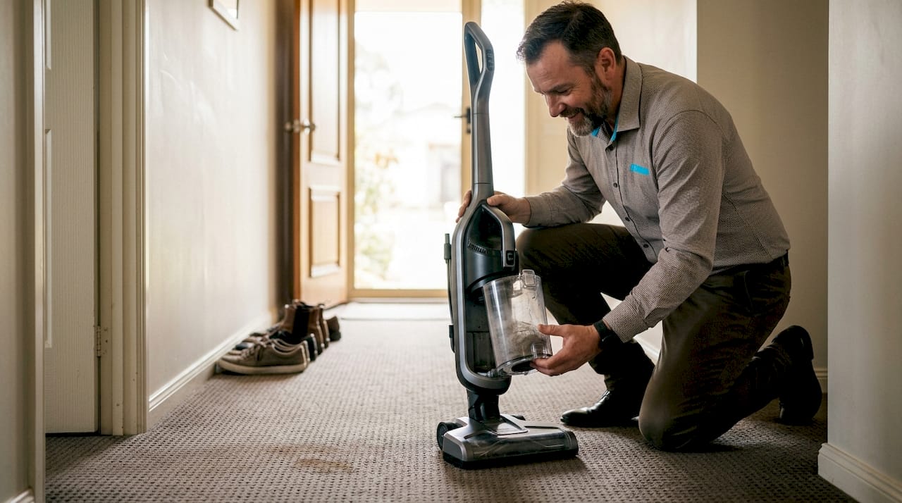 Man inspecting vacuumed dust from hallway carpet