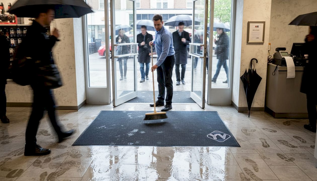 Retail manager sweeping shop entry after rain