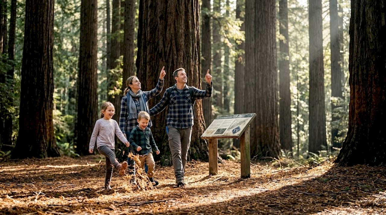 Family under redwoods on Yarra Valley trail