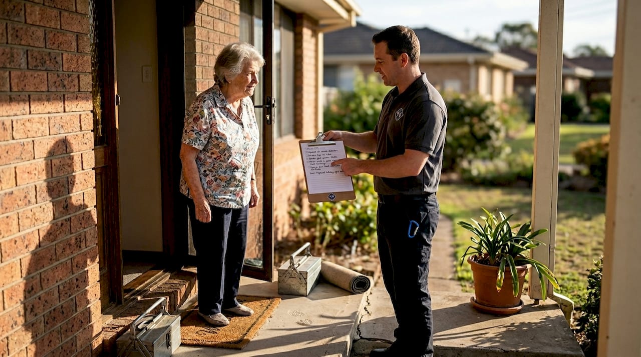 Owner and cleaner reviewing home cleaning plan