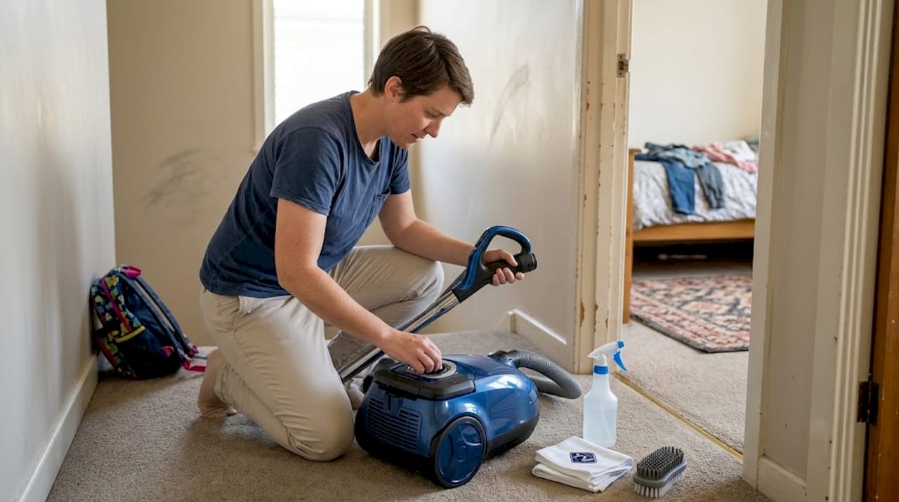 Person preparing vacuum and carpet cleaning tools