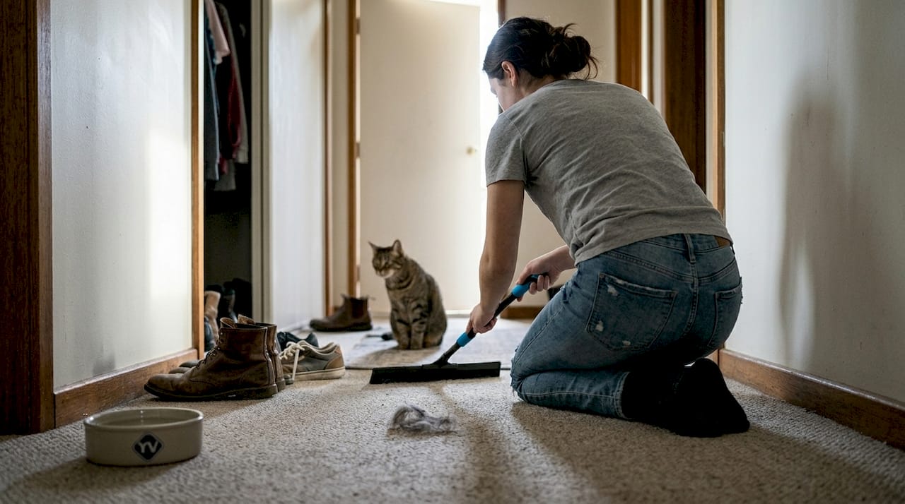 Tenant cleaning pet hair from carpeted hallway