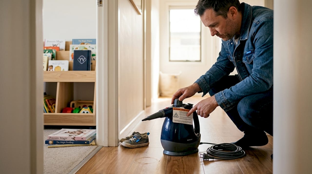 Parent checks steam cleaner safety instructions