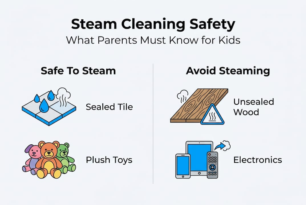 Infographic lists safe and unsafe steam cleaning surfaces