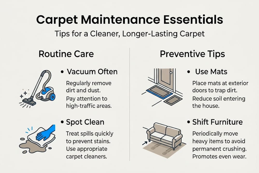 Infographic showing essential carpet maintenance tips