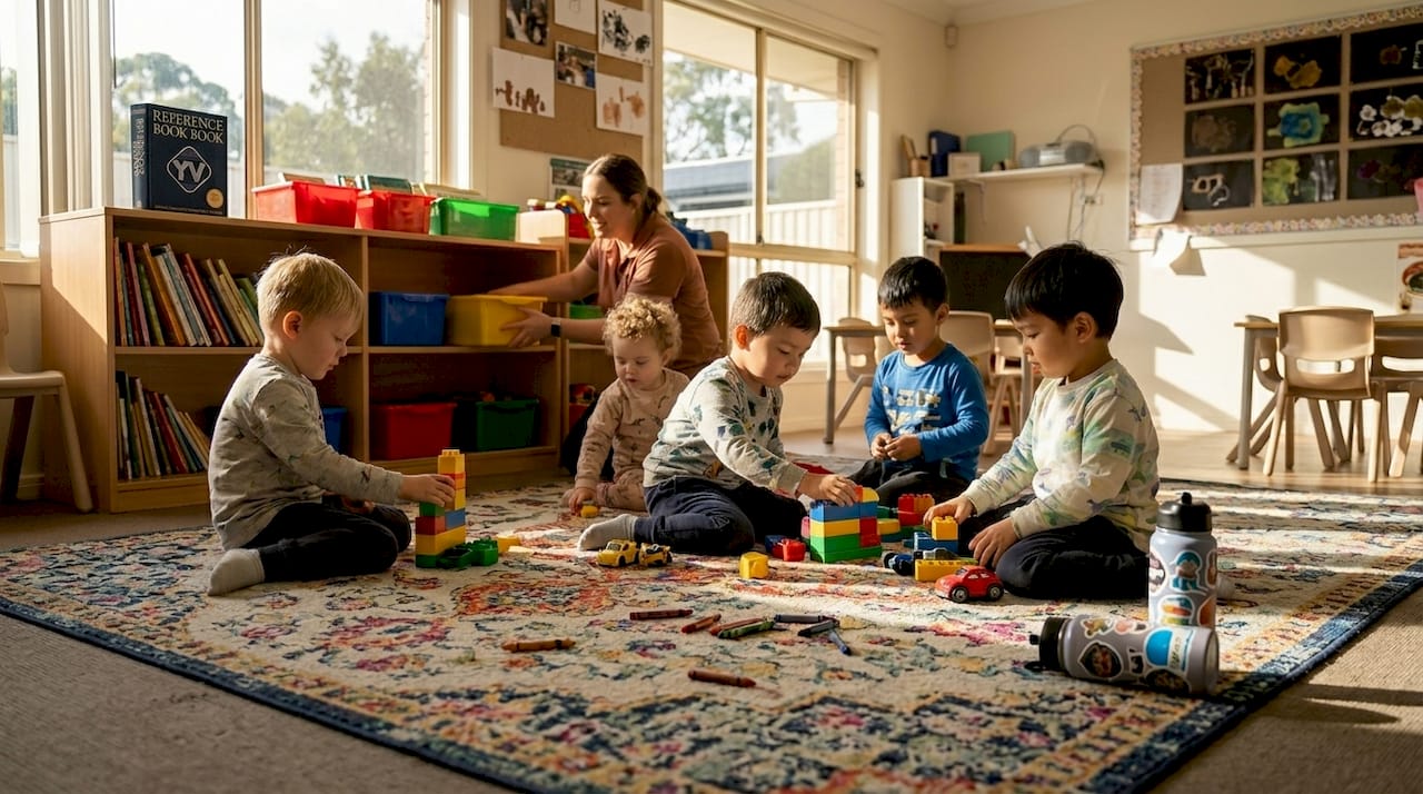 Children play on clean carpet in childcare classroom