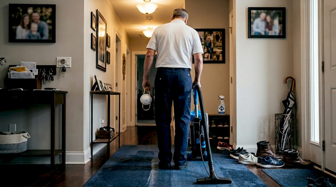Vacuuming a hallway rug after steam cleaning