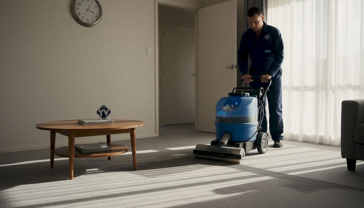 Technician cleans worn living room carpet