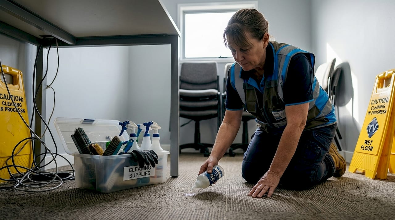 Manager testing cleaning solution on office carpet