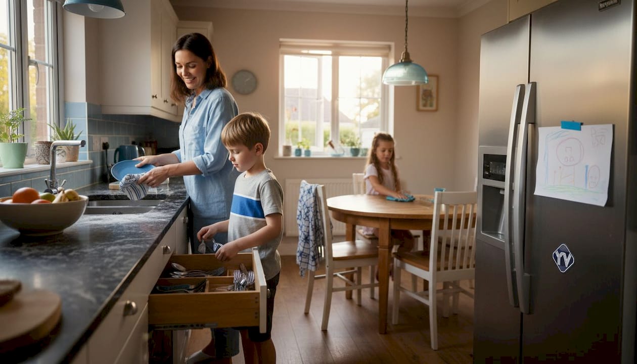 Family doing kitchen cleaning chores together