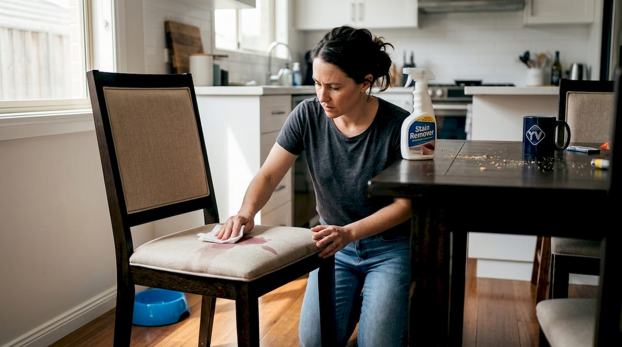 Woman blotting wine stain on chair