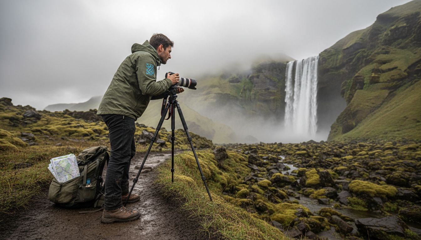 Photographer prepares tripod at Iceland waterfall