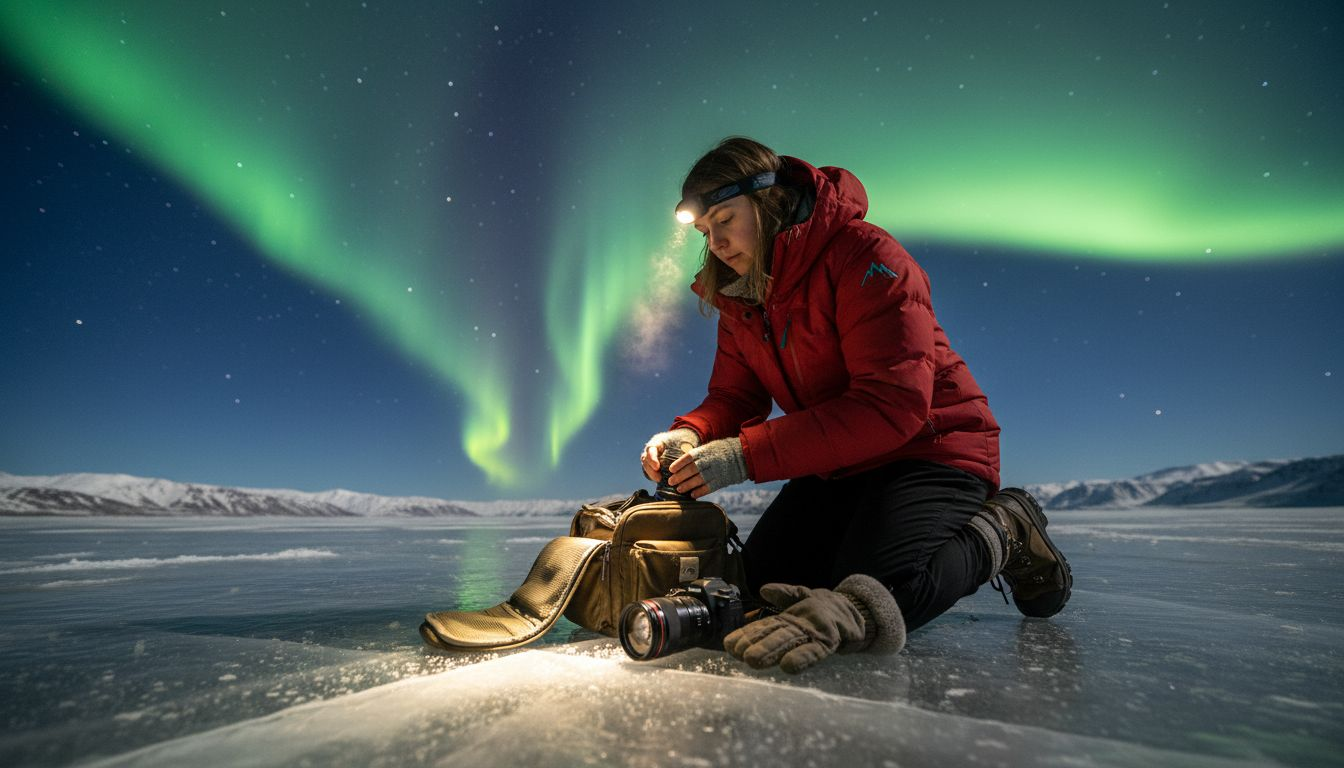 Night photographer with aurora over icy lake