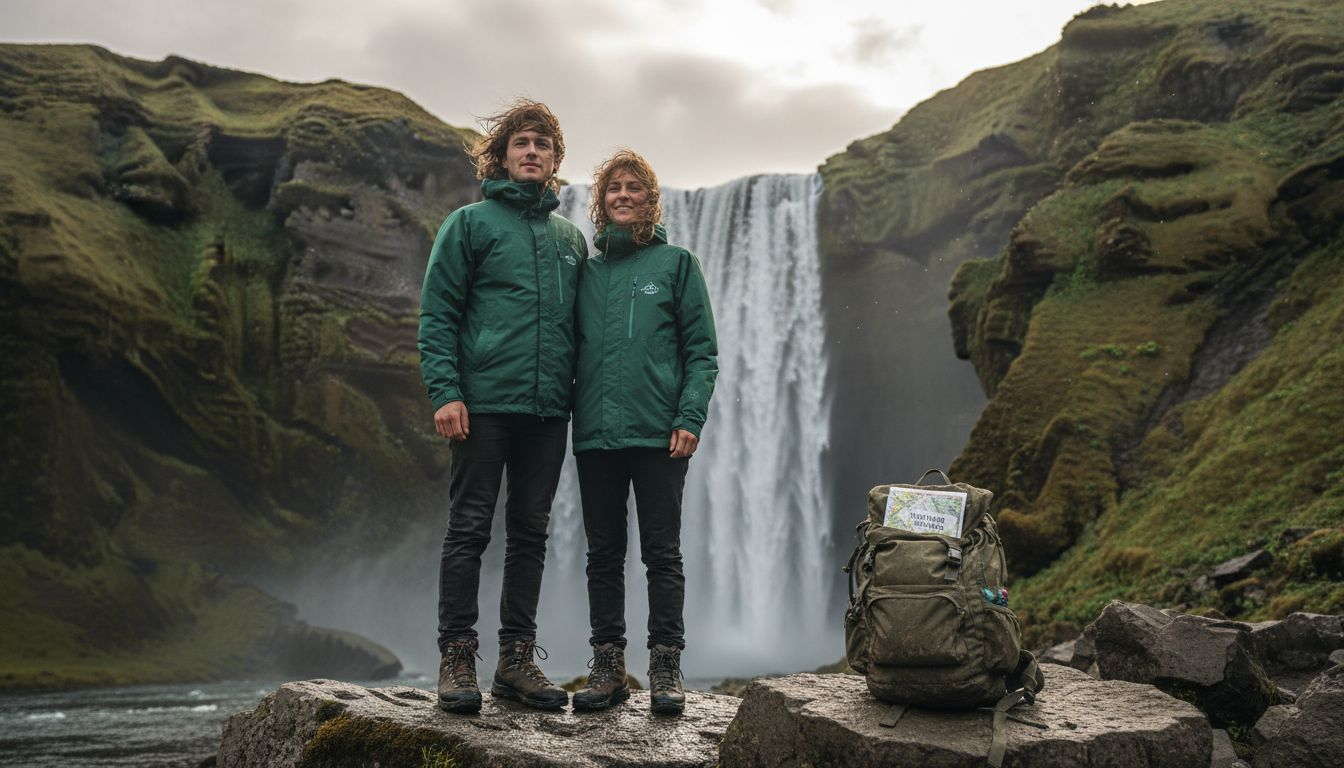 Couple at Skógafoss waterfall Iceland adventure