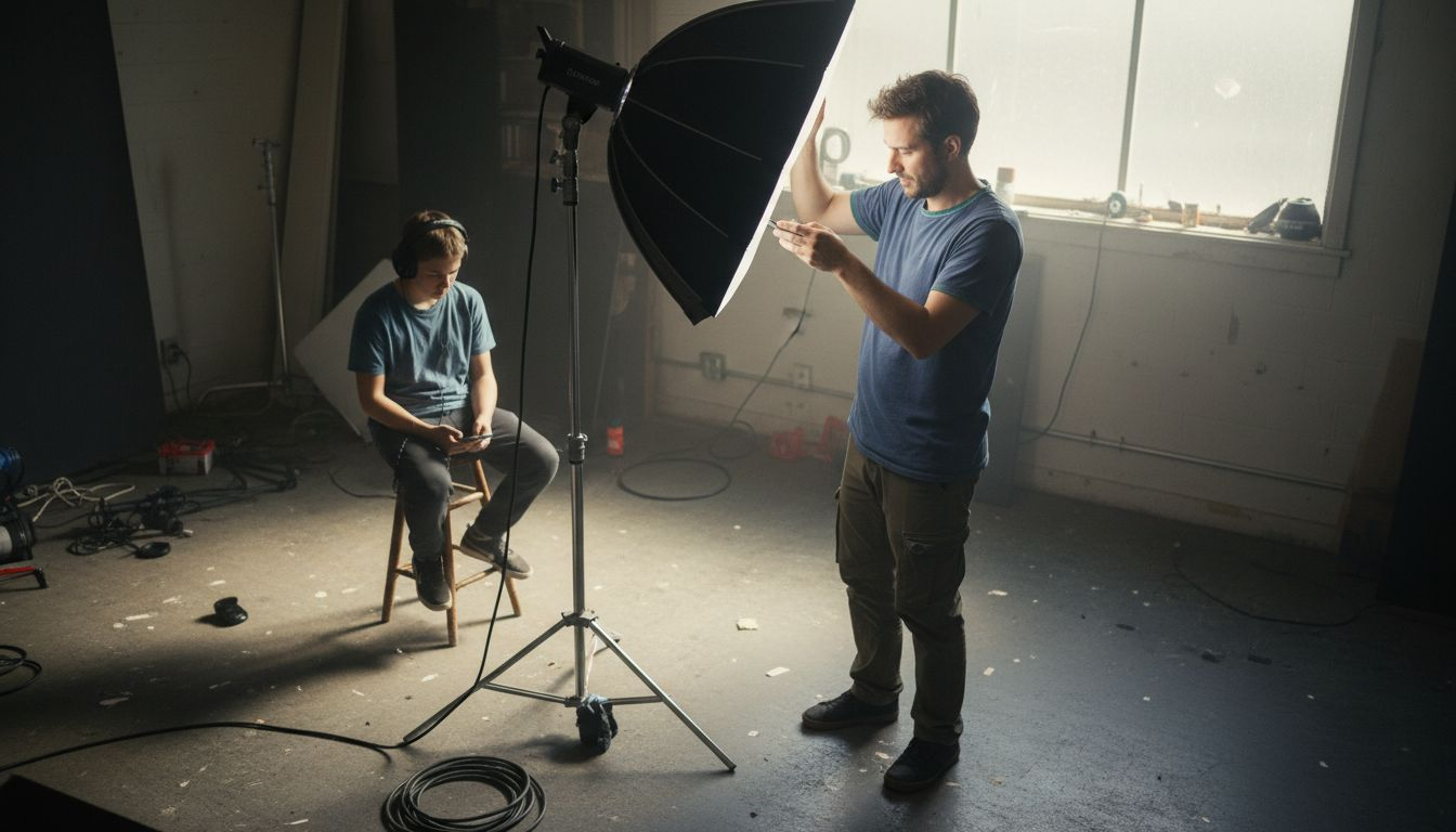 Photographer adjusting studio light for portrait session