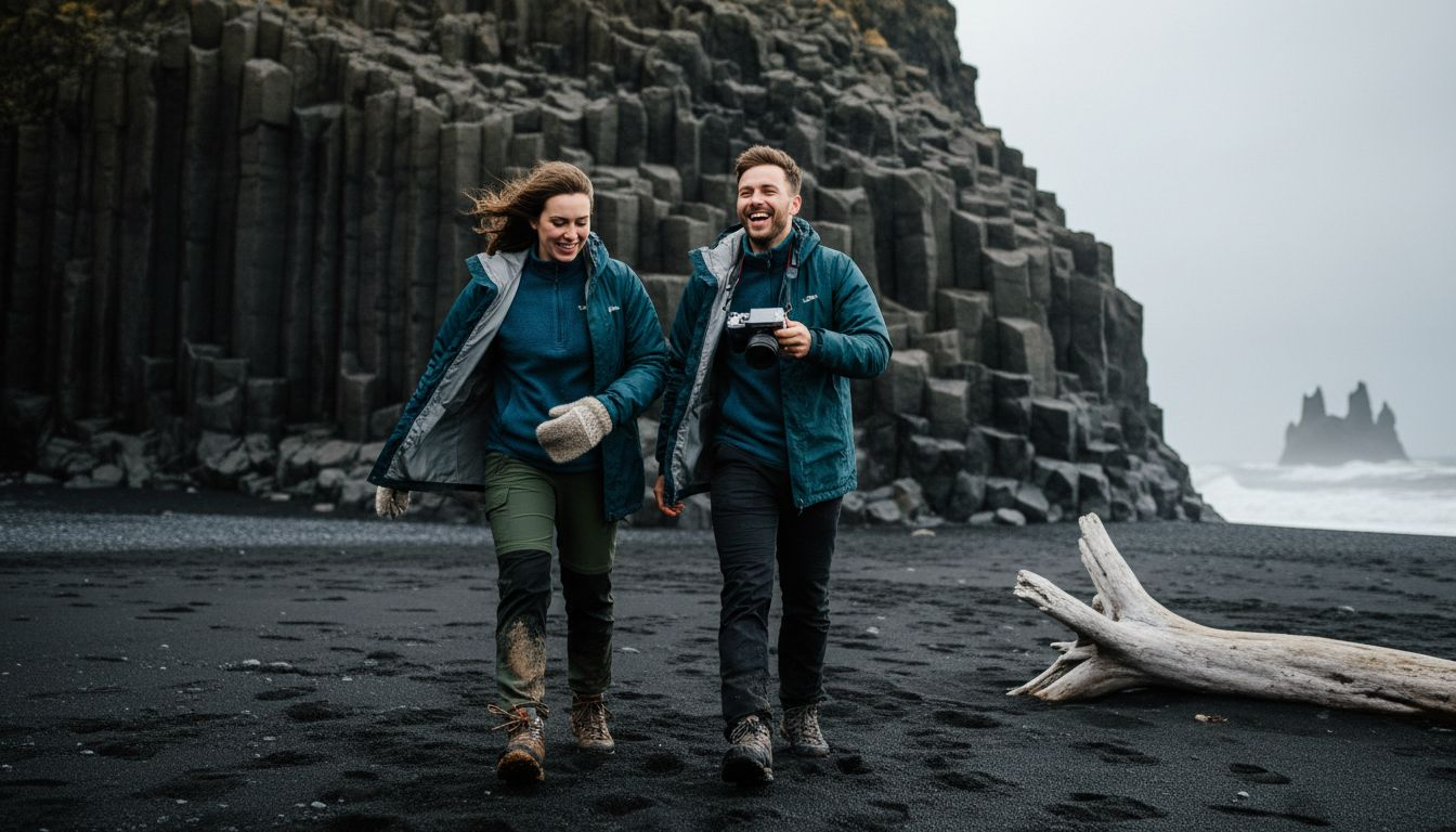 Couple walking on Icelandic black sand beach