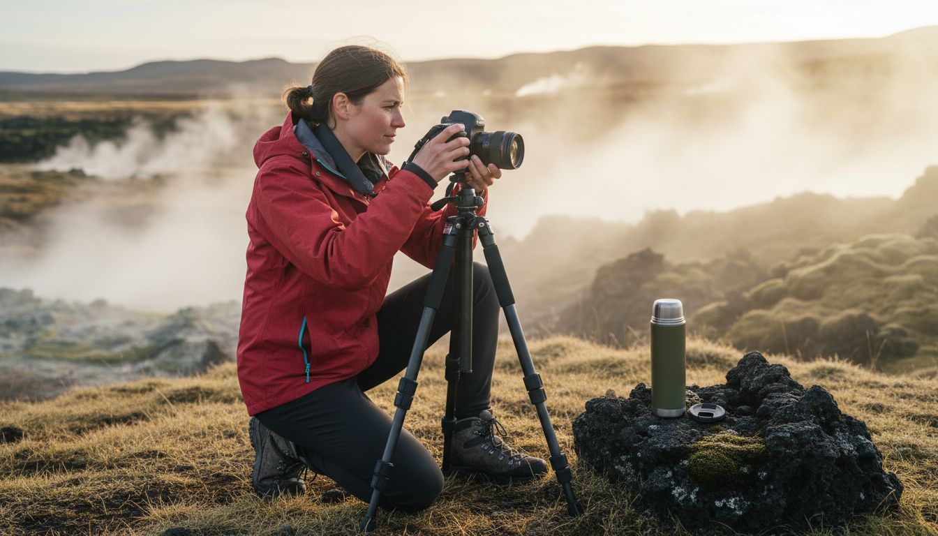 Photographer in volcanic field with shifting light