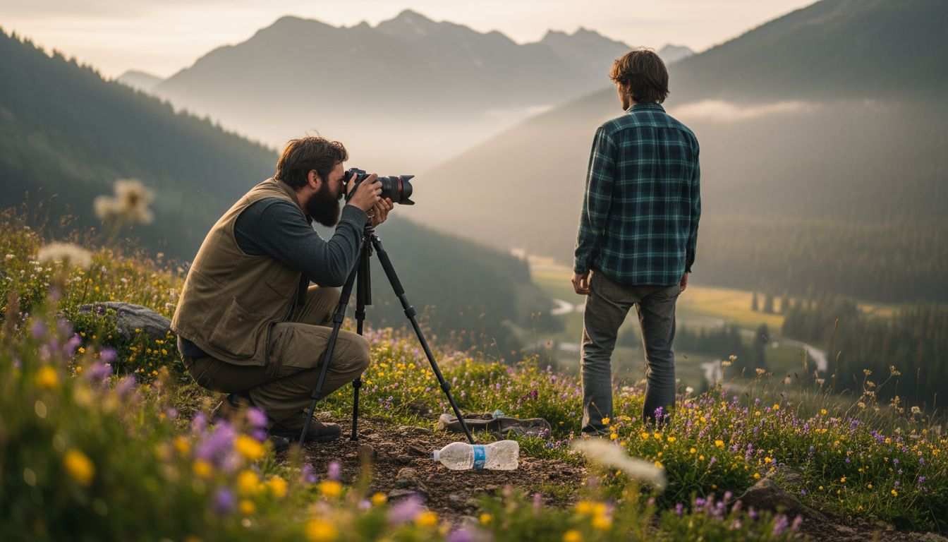 Photographer and subject in misty valley