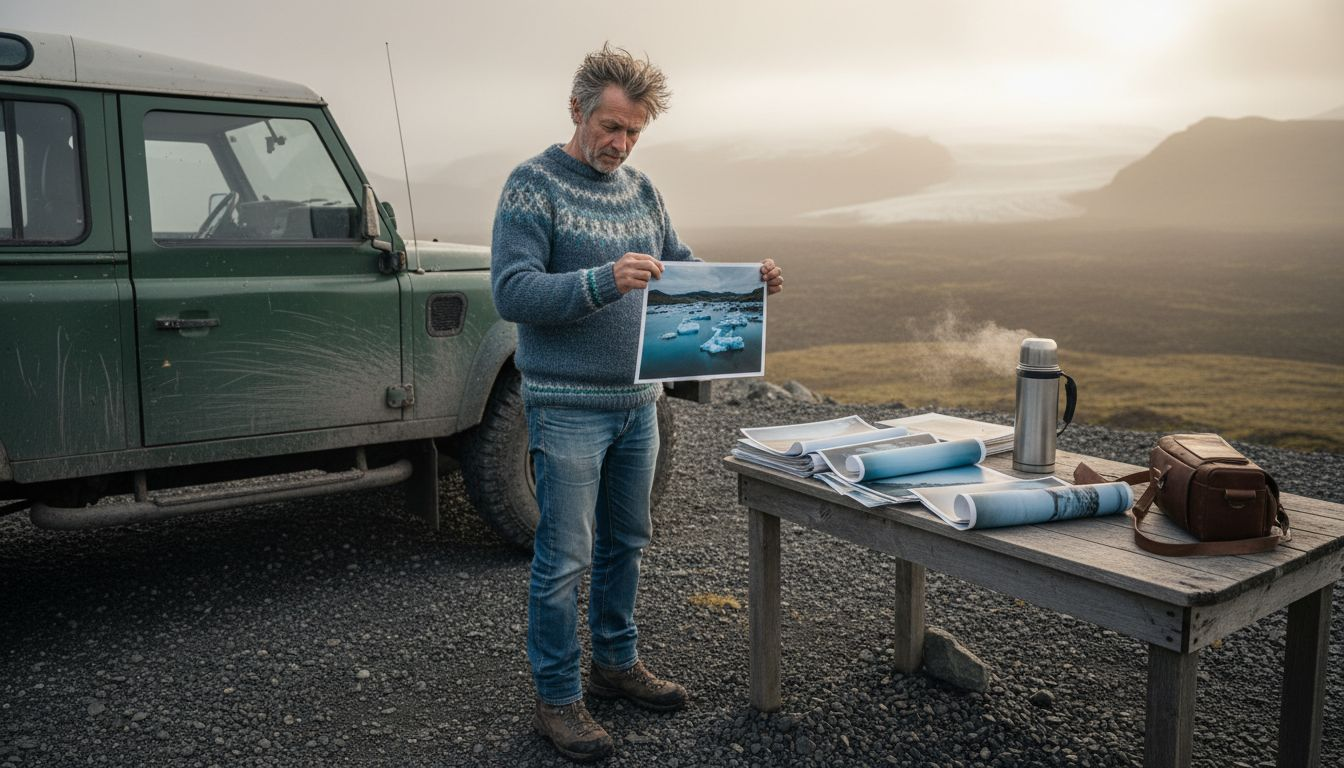 Photographer sorting prints on Icelandic overlook