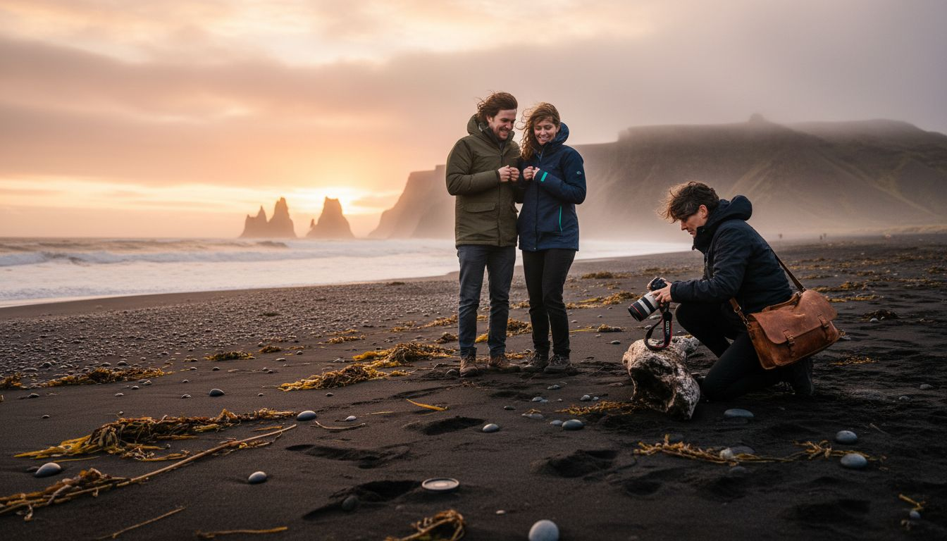 Photographer capturing couple on Iceland beach